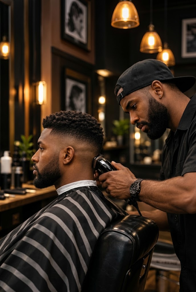 A stylist giving a client a precise haircut in a warm, dimly lit unisex salon