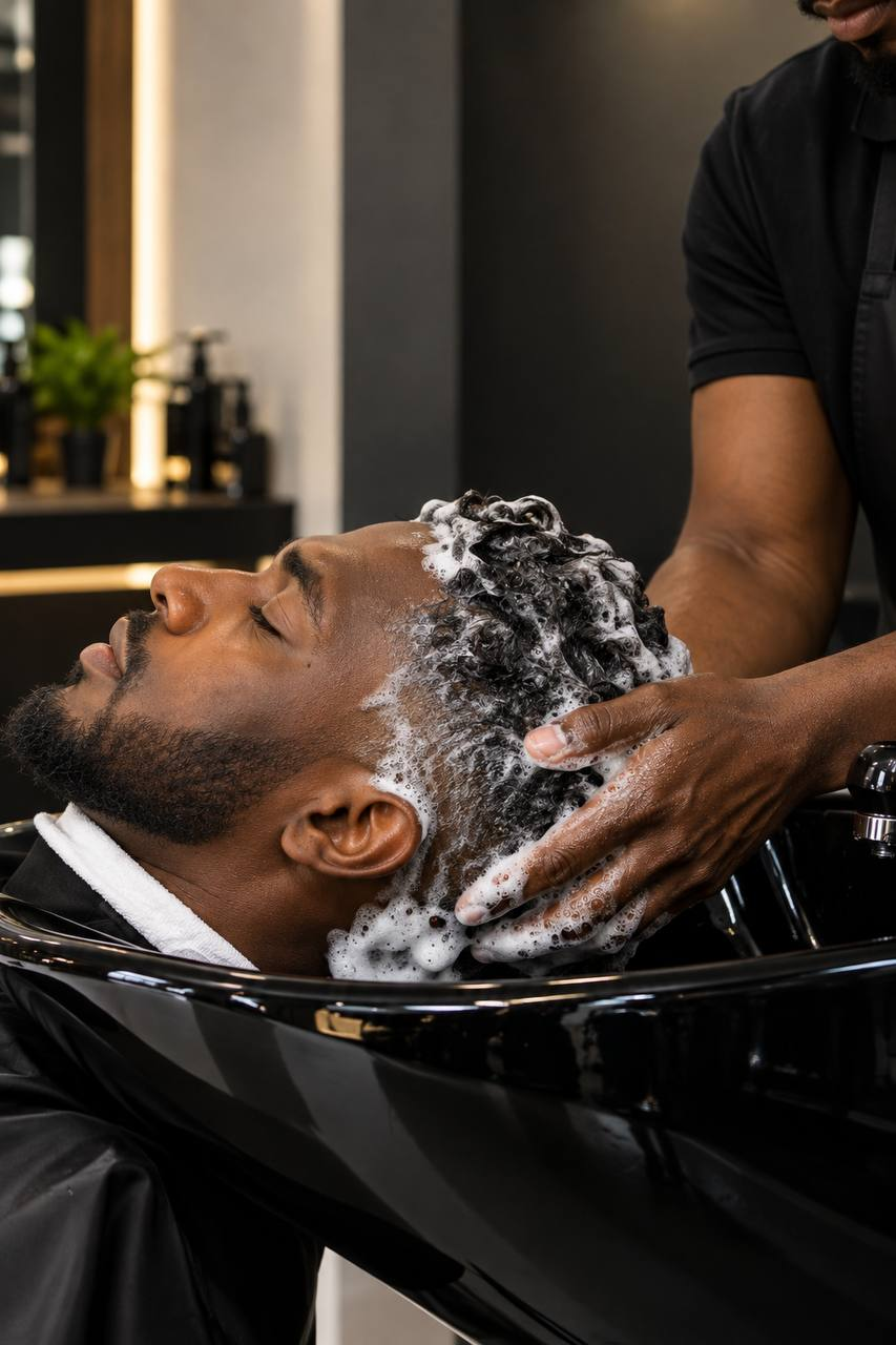 Client relaxing during a hair wash and scalp treatment at the sink